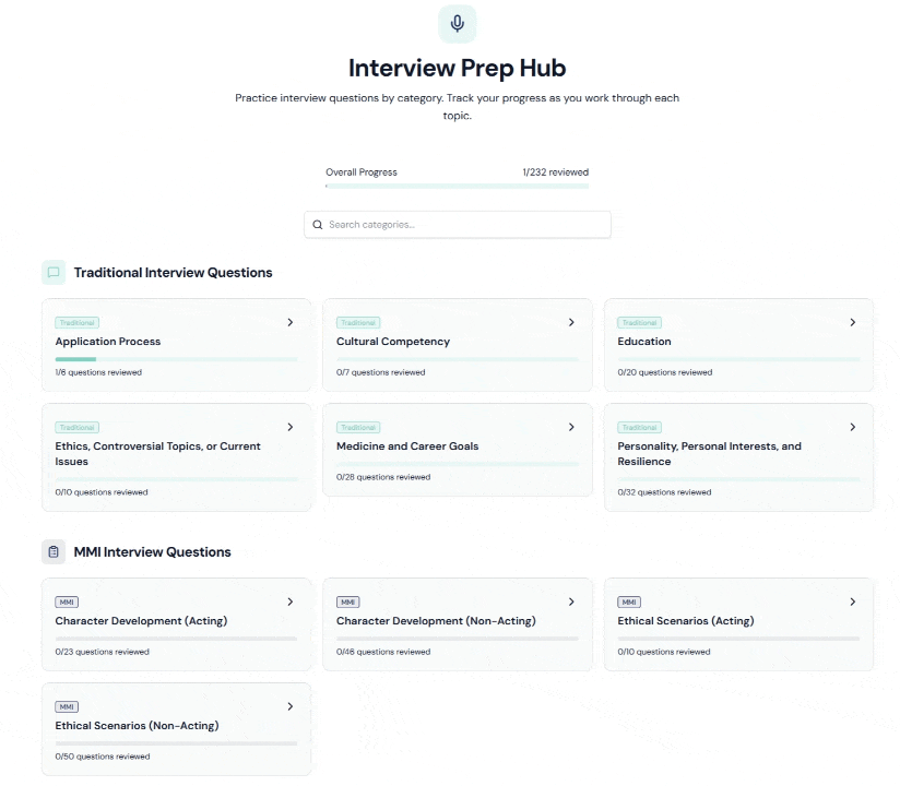 Animated preview of the HAIQ Interview Prep Hub interface, including question formats and example responses.